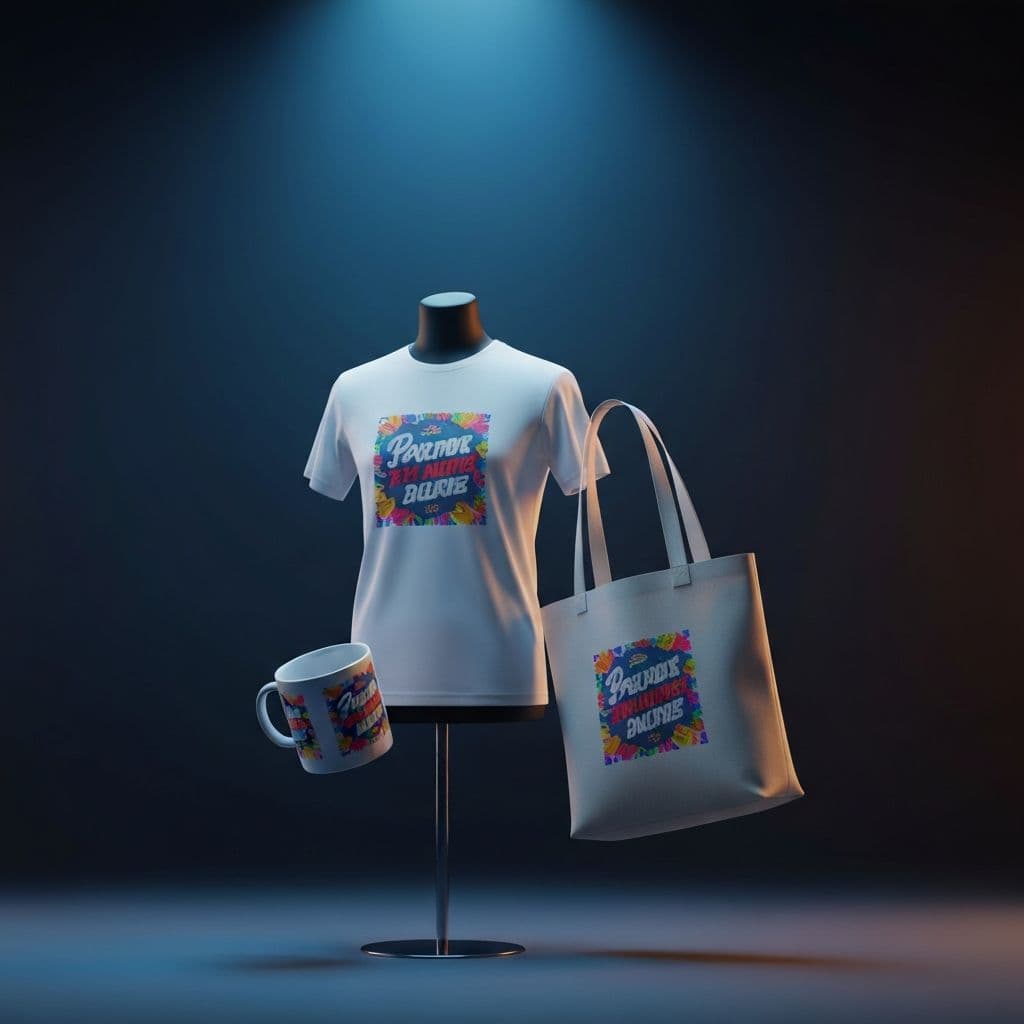 Photorealistic 3D rendered product mockups showing custom printed t-shirt, mug, and tote bag